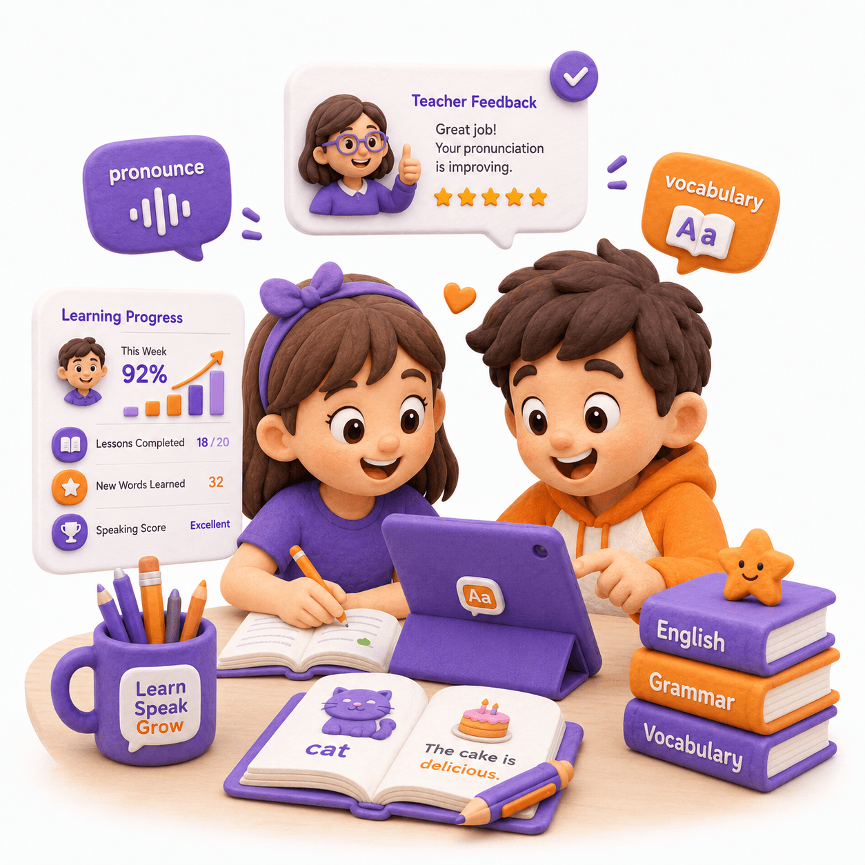 Two children practising English together over a tablet, surrounded by teacher feedback, a progress card, and vocabulary books