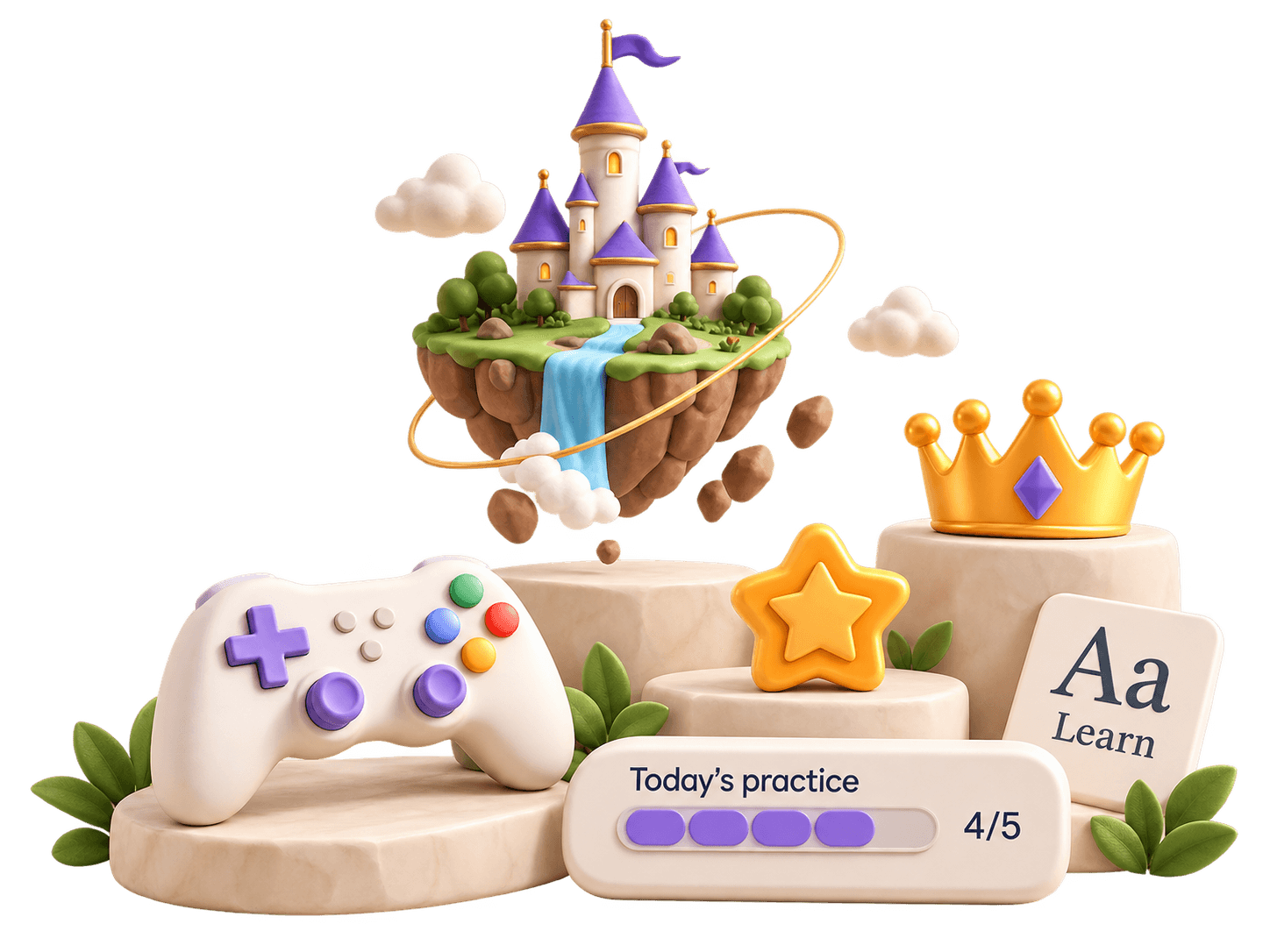 A clay castle island floating above a gamepad, star, crown, Aa Learn tile and today's practice progress bar
