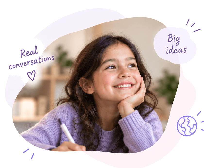 A girl smiling while writing, surrounded by the notes Real conversations and Big ideas