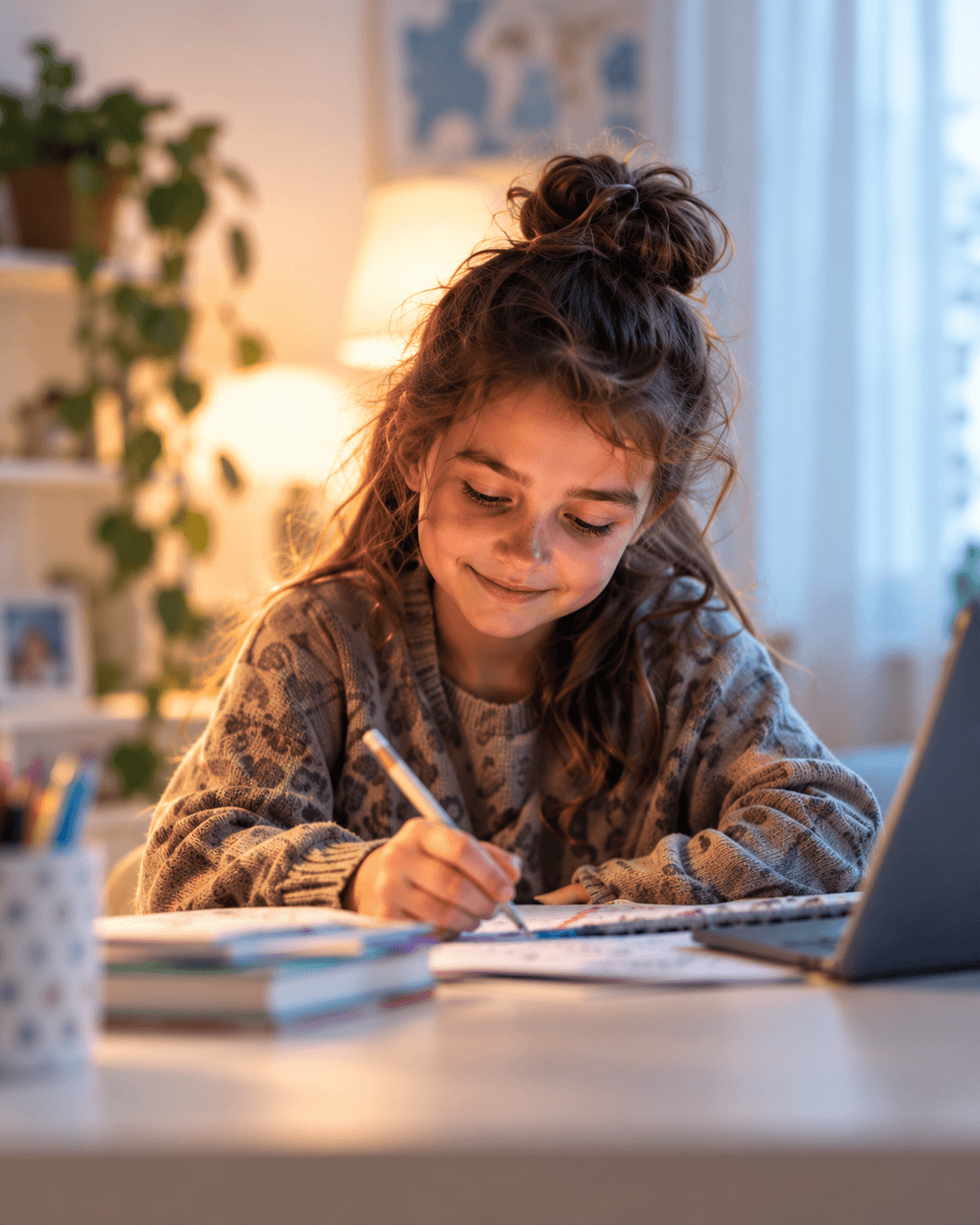 A girl writing in her notebook at her desk beside a laptop